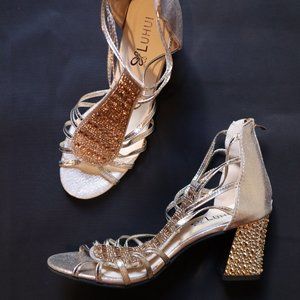 Luhui Gold Champagne Embellished Dressy Zip Up Red Bottom Sandals size 8/ 39